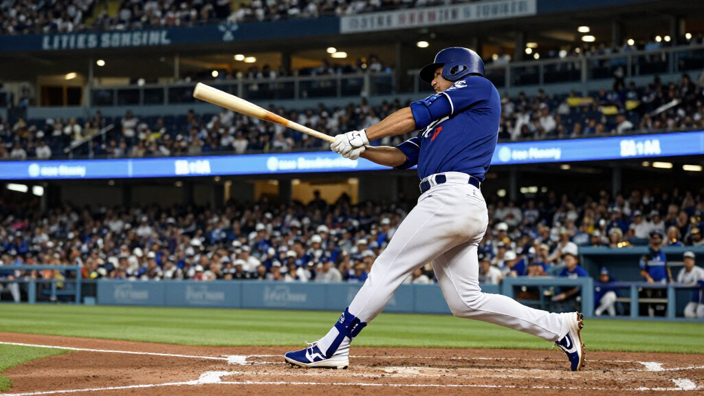 Shohei Ohtani batting in Dodgers uniform at a professional MLB stadium
