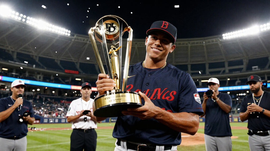 Baseball MVP trophy award ceremony at a baseball stadium with confetti
