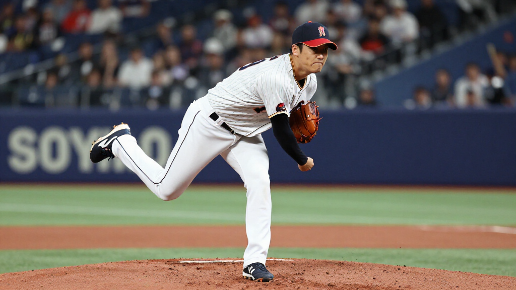 Shohei Ohtani pitching in a professional MLB baseball stadium
