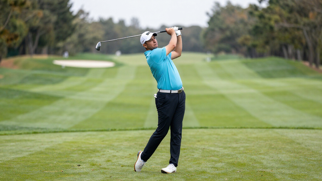 Professional golfer in athletic stance on beautiful fairway