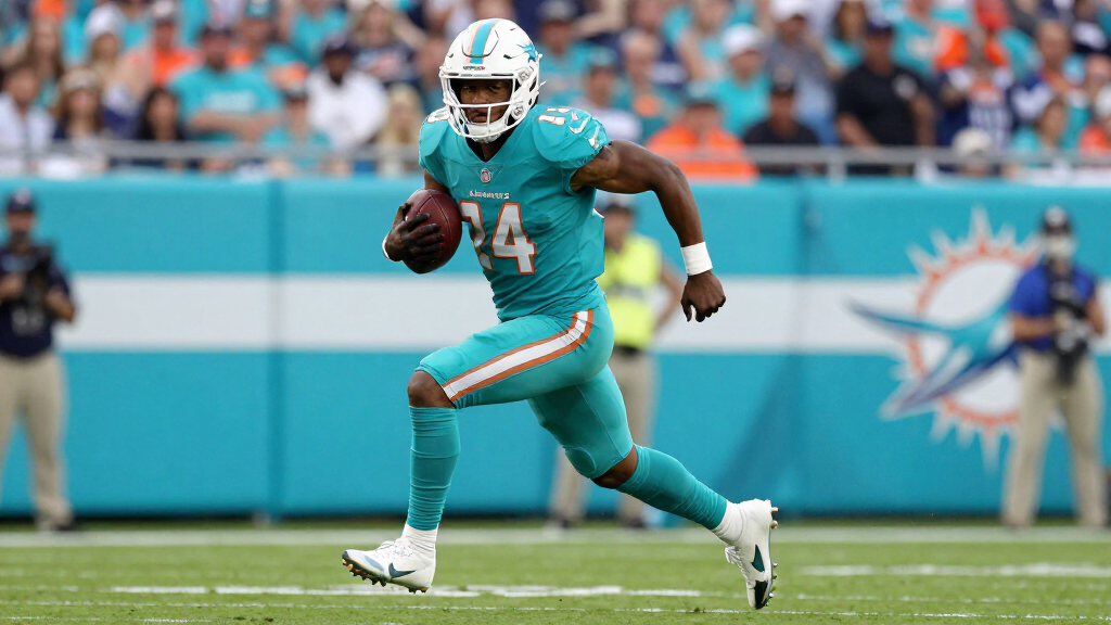 Tyreek Hill sprinting down field in Miami Dolphins uniform