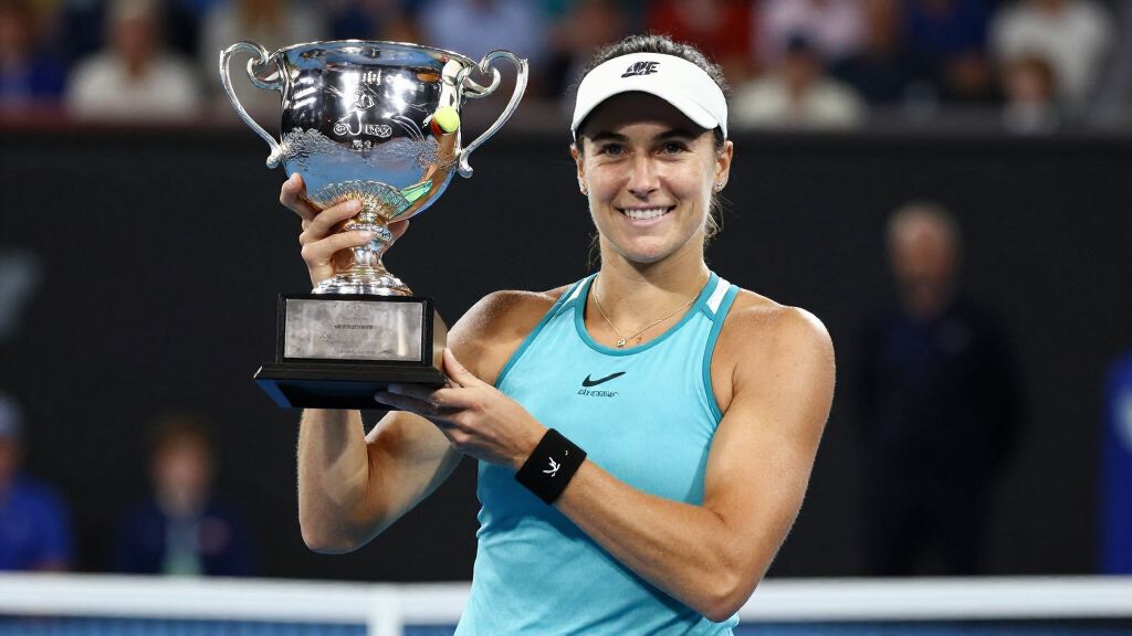 Female tennis champion celebrating victory on court