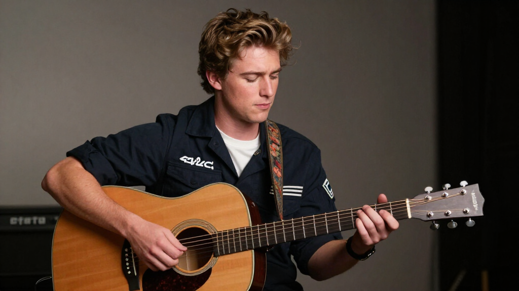 Zach Bryan with acoustic guitar in a candid setting