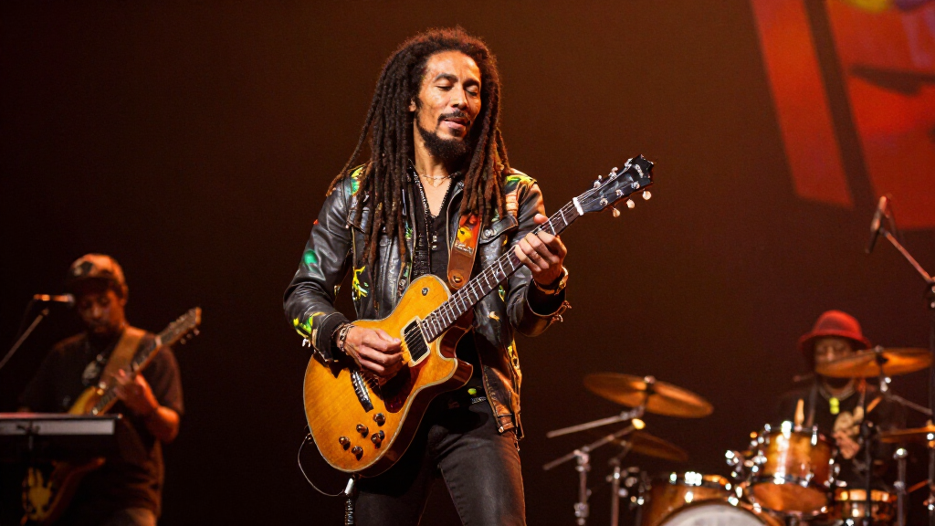 Bob Marley playing guitar on stage
