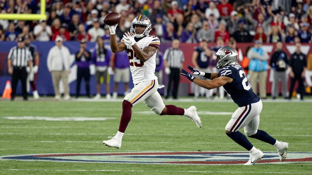 NFL wide receiver making a contested catch over a defender