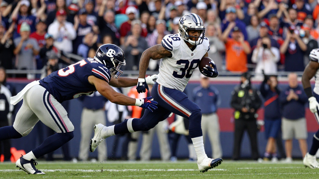 Powerful NFL running back breaking through a defensive line with multiple defenders trying to tackle him