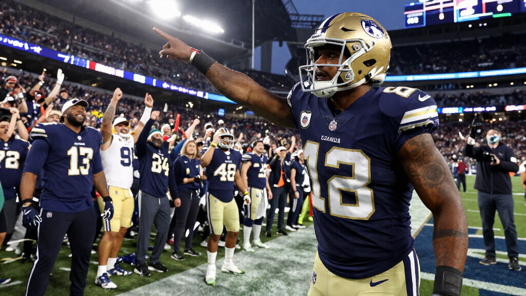 NFL player celebrating a touchdown in the end zone with the crowd