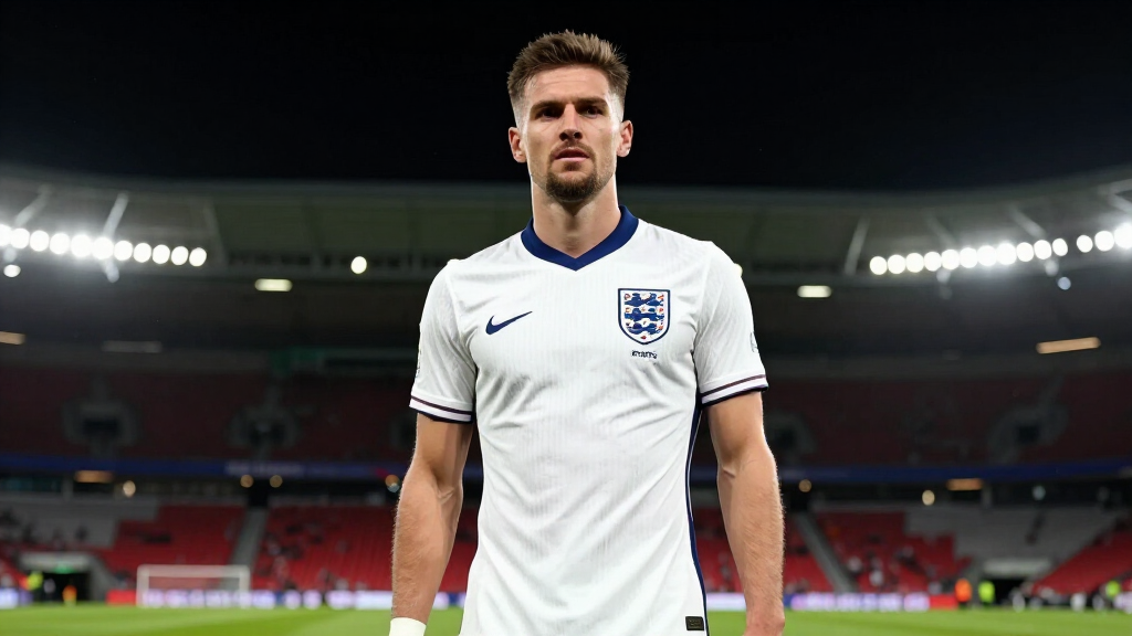 England football team captain in white national team jersey, stadium background