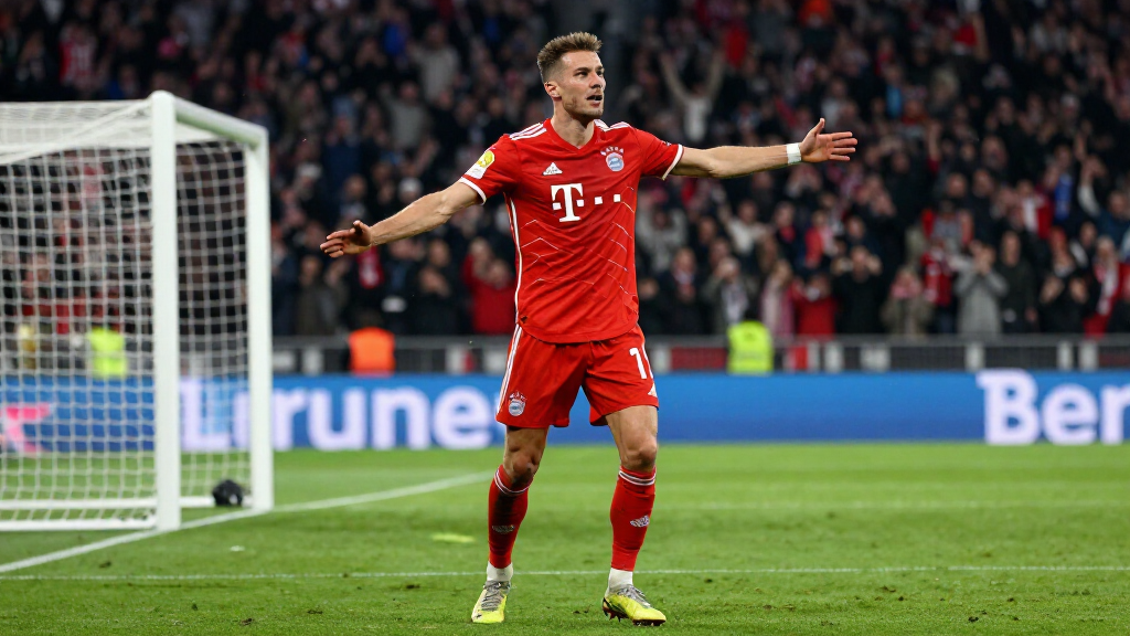 Professional footballer celebrating a goal in a red football kit at a packed stadium