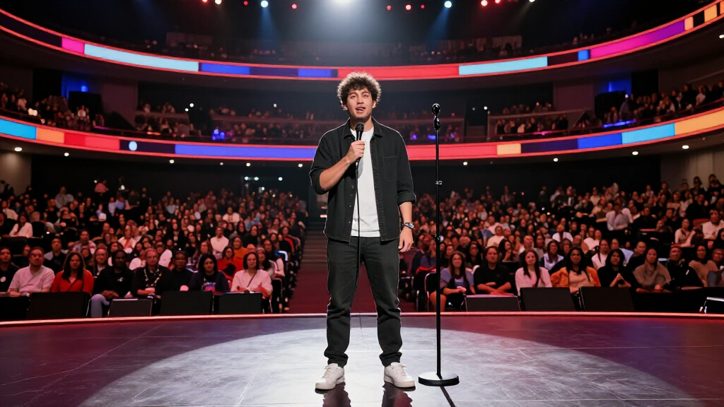 John Mulaney performing a Netflix stand-up special to a large arena crowd