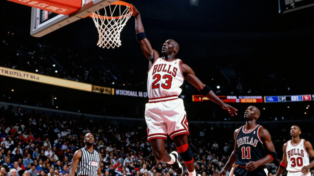 Michael Jordan dunking in Chicago Bulls jersey number 23