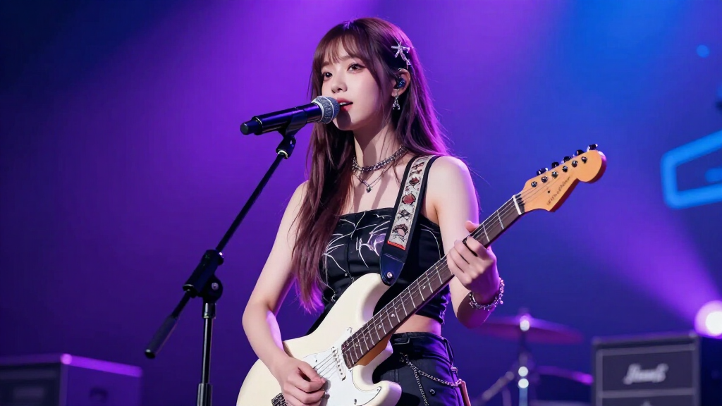 Olivia Rodrigo performing live with an electric guitar at an arena concert