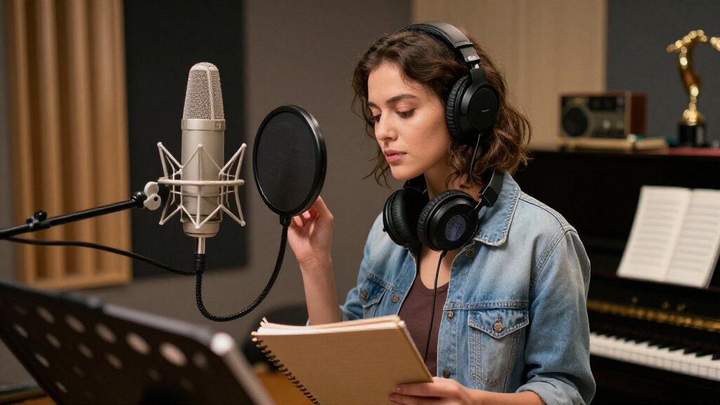 Young pop artist recording in a professional music studio