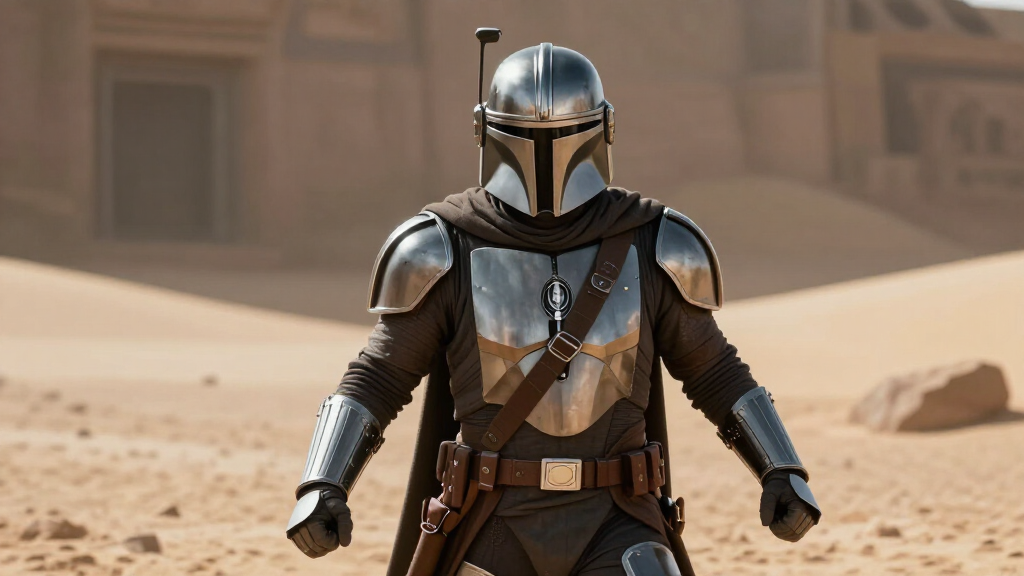 Actor in Mandalorian-style armor on a desert planet set