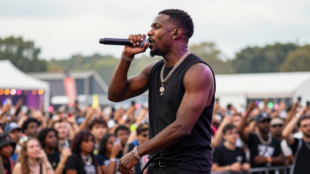 Stormzy performing on stage at a major UK music festival
