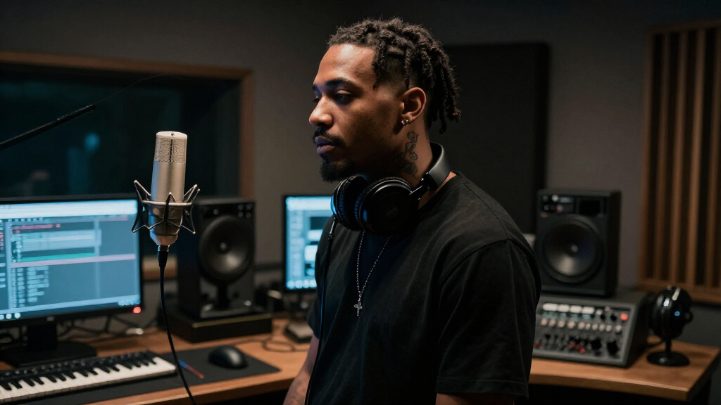 UK rap artist in a professional recording studio with headphones