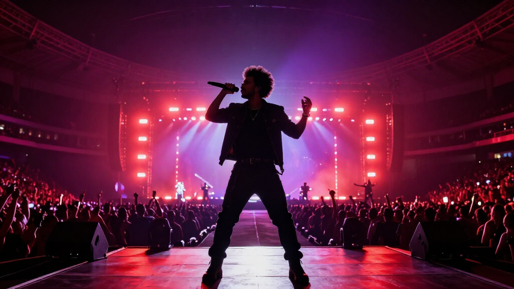 The Weeknd performing live on stage at a massive stadium concert