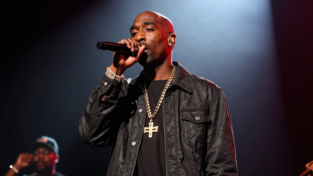 Tupac Shakur performing on stage